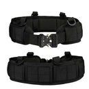 Cinto tático acolchoado ajustável com sistema MOLLE, visto de frente sobre fundo branco. Interior com almofada respirável e fivela de metal de liberação rápida, indicado para atividades militares, airsoft e aventura ao ar livre.