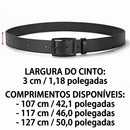 Cinto masculino de couro sintético PU premium com fivela de pino em liga metálica disponível em acabamento prata polida e preto fosco, largura de 3 cm, costura dupla reforçada na base da fivela, passador integrado, disponível em preto e marrom nos comprimentos 107 cm, 117 cm e 127 cm, para uso casual e social.