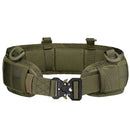 Cinto tático acolchoado ajustável com sistema MOLLE, visto de frente sobre fundo branco. Interior com almofada respirável e fivela de metal de liberação rápida, indicado para atividades militares, airsoft e aventura ao ar livre.