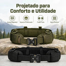 Cinto tático acolchoado ajustável com sistema MOLLE, visto de frente sobre fundo branco. Interior com almofada respirável e fivela de metal de liberação rápida, indicado para atividades militares, airsoft e aventura ao ar livre.