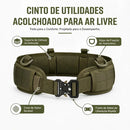 Cinto tático acolchoado ajustável com sistema MOLLE, visto de frente sobre fundo branco. Interior com almofada respirável e fivela de metal de liberação rápida, indicado para atividades militares, airsoft e aventura ao ar livre.