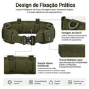 Cinto tático acolchoado ajustável com sistema MOLLE, visto de frente sobre fundo branco. Interior com almofada respirável e fivela de metal de liberação rápida, indicado para atividades militares, airsoft e aventura ao ar livre.