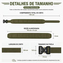 Cinto tático acolchoado ajustável com sistema MOLLE, visto de frente sobre fundo branco. Interior com almofada respirável e fivela de metal de liberação rápida, indicado para atividades militares, airsoft e aventura ao ar livre.