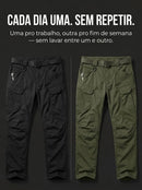 Calça cargo masculina tática de tecido ripstop em poliéster com múltiplos bolsos com zíper na lateral e coxa, corte reto e passante largo para cinto tático, disponível em várias opções de tamanho do P ao EGG, ideal para uso urbano e ao ar livre.