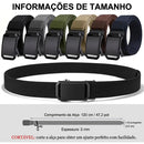 Cinto tático masculino em nylon canelado de alta densidade com fivela automática de catraca em liga metálica gunmetal fosco, largura de 3,6 cm, comprimento de 120 cm cortável, disponível em preto, caqui, marrom, cinza, verde militar e azul marinho, com sistema de liberação rápida lateral.