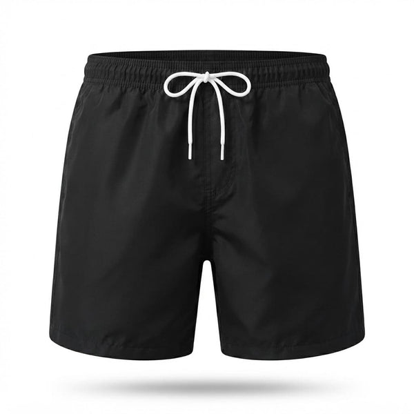 Bermuda masculina tactel na cor preta em still fotográfico, vista frontal mostrando o cós elástico, cordão de ajuste branco e bolsos laterais, tecido leve de secagem rápida.