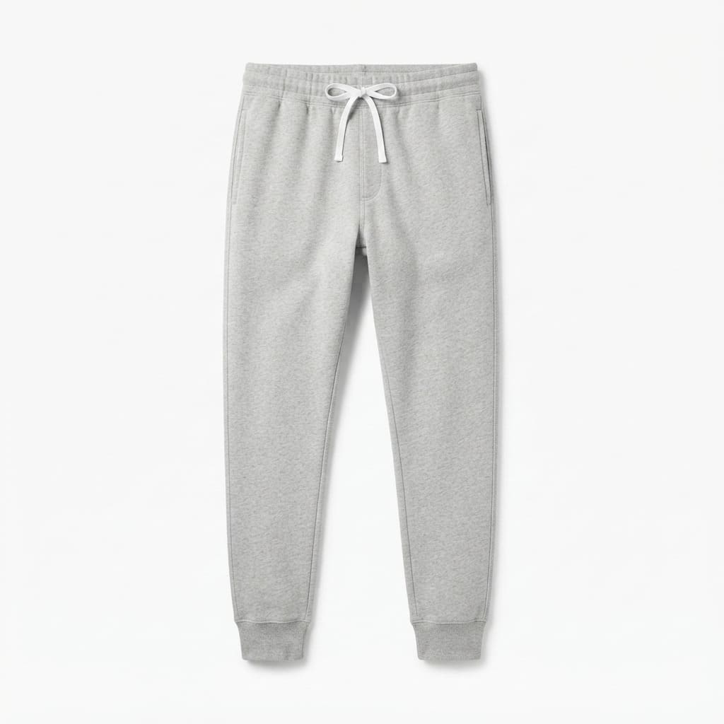 Calça de moletom masculina cinza mescla, still de frente sobre fundo branco, sem modelo