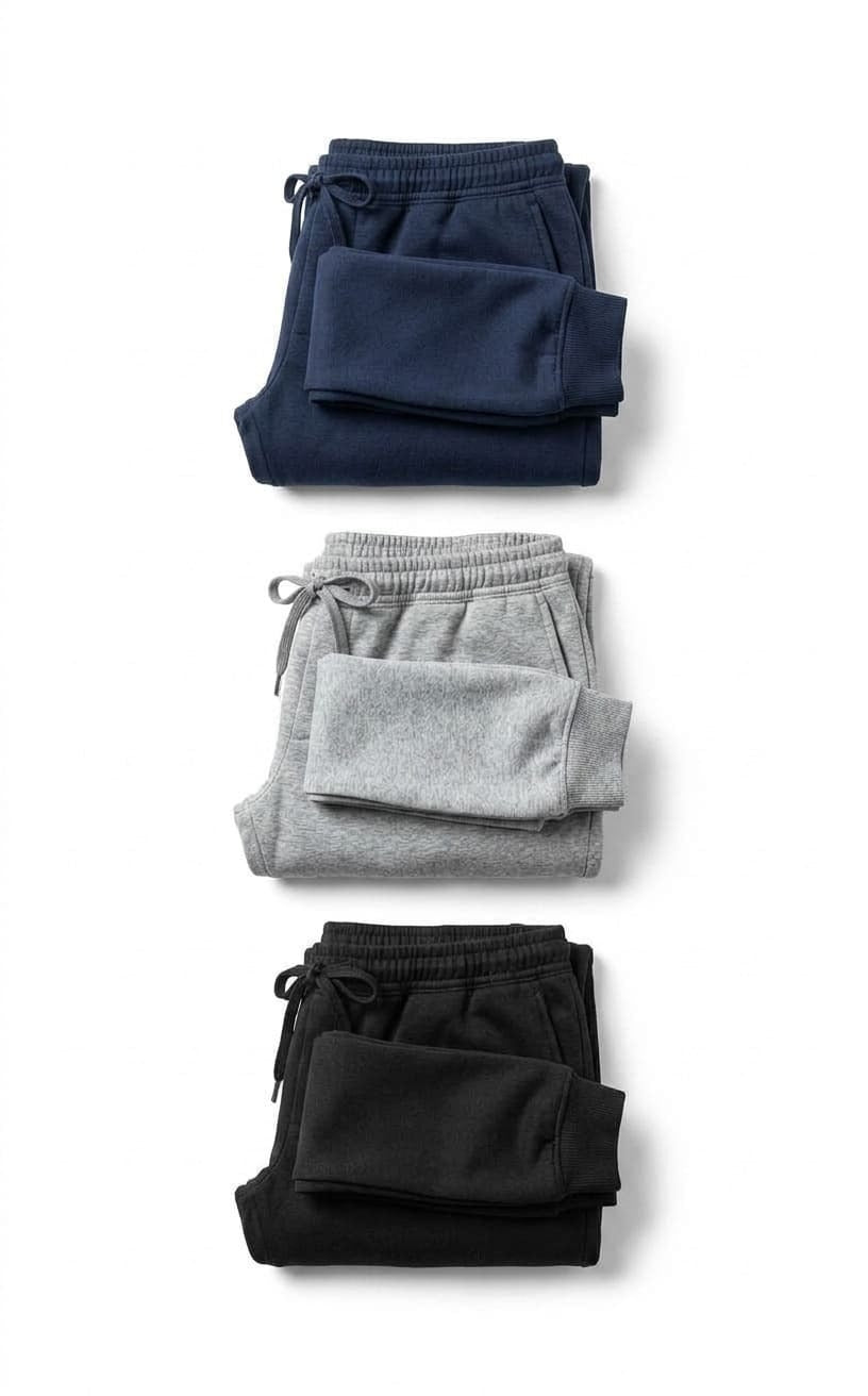 Calça de moletom masculina peluciada nas três cores disponíveis, azul marinho, cinza mescla e preto, dobradas lado a lado sobre fundo branco, mostrando o cordão do cós em cada uma