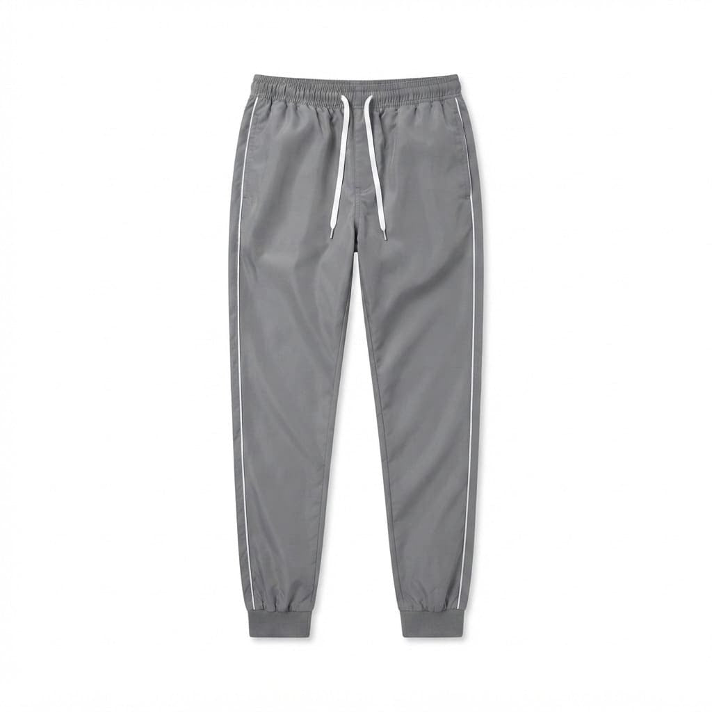 Calça tactel masculina cinza, still de frente sobre fundo branco, sem modelo, mostrando cós ajustável e friso lateral
