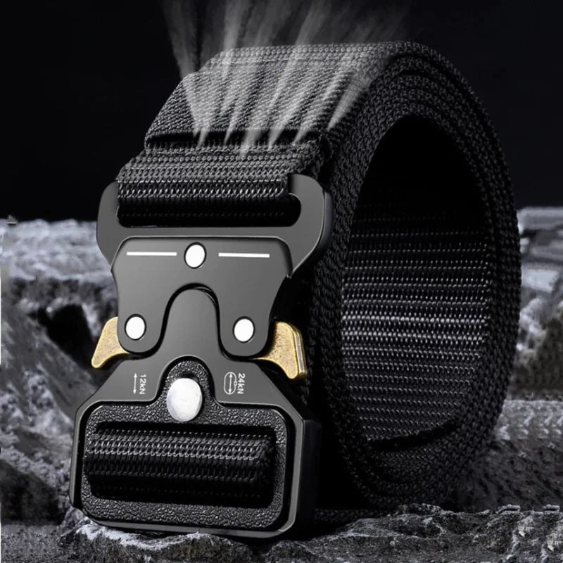 Cinto tático masculino Cobra em nylon 100% trançado de alta densidade com fivela de metal reforçado e sistema de liberação rápida estilo cobra, largura de 3,6 cm, comprimento ajustável até 120 cm, disponível em preto, verde militar, cinza, azul marinho, caqui e marrom, resistente à água e cortável para ajuste permanente. [WEBP]