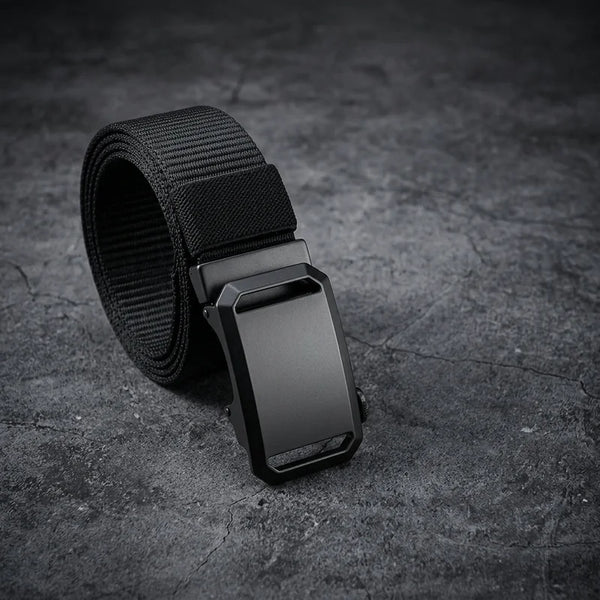 Cinto tático masculino em nylon canelado de alta densidade com fivela automática de catraca em liga metálica gunmetal fosco, largura de 3,6 cm, comprimento de 120 cm cortável, disponível em preto, caqui, marrom, cinza, verde militar e azul marinho, com sistema de liberação rápida lateral. [WEBP]