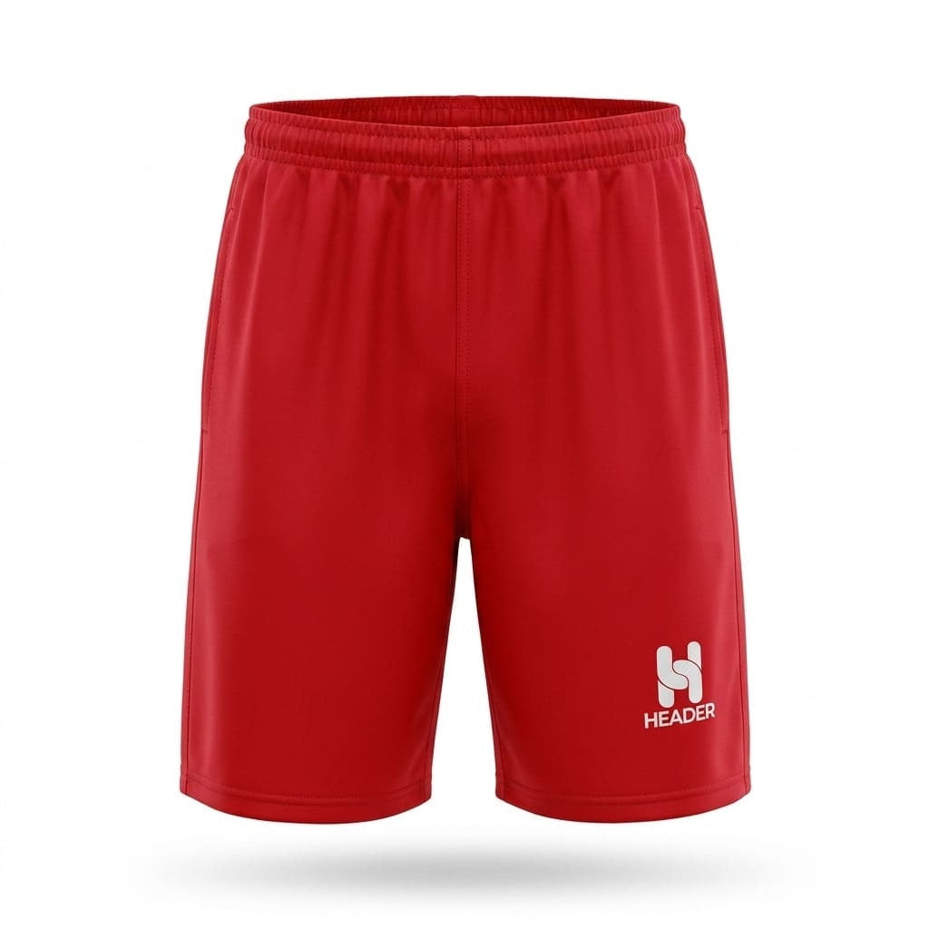 Short bermuda esportivo masculino Carvine em poliéster cor vermelho, vista de frente, com elástico na cintura, bolsos laterais e logo Header estampado na perna, ideal para futebol, treino, corrida e academia, tecido leve de secagem rápida.
