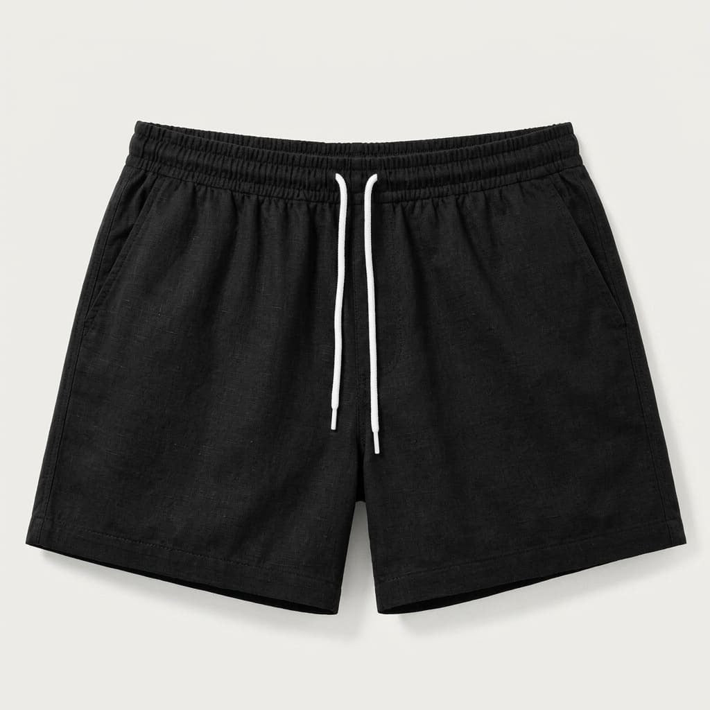 Short masculino de linho misto na cor preta em still fotográfico, mostrando o cós elástico com cordão ajustável frontal e os bolsos laterais funcionais, tecido leve ideal para o verão.