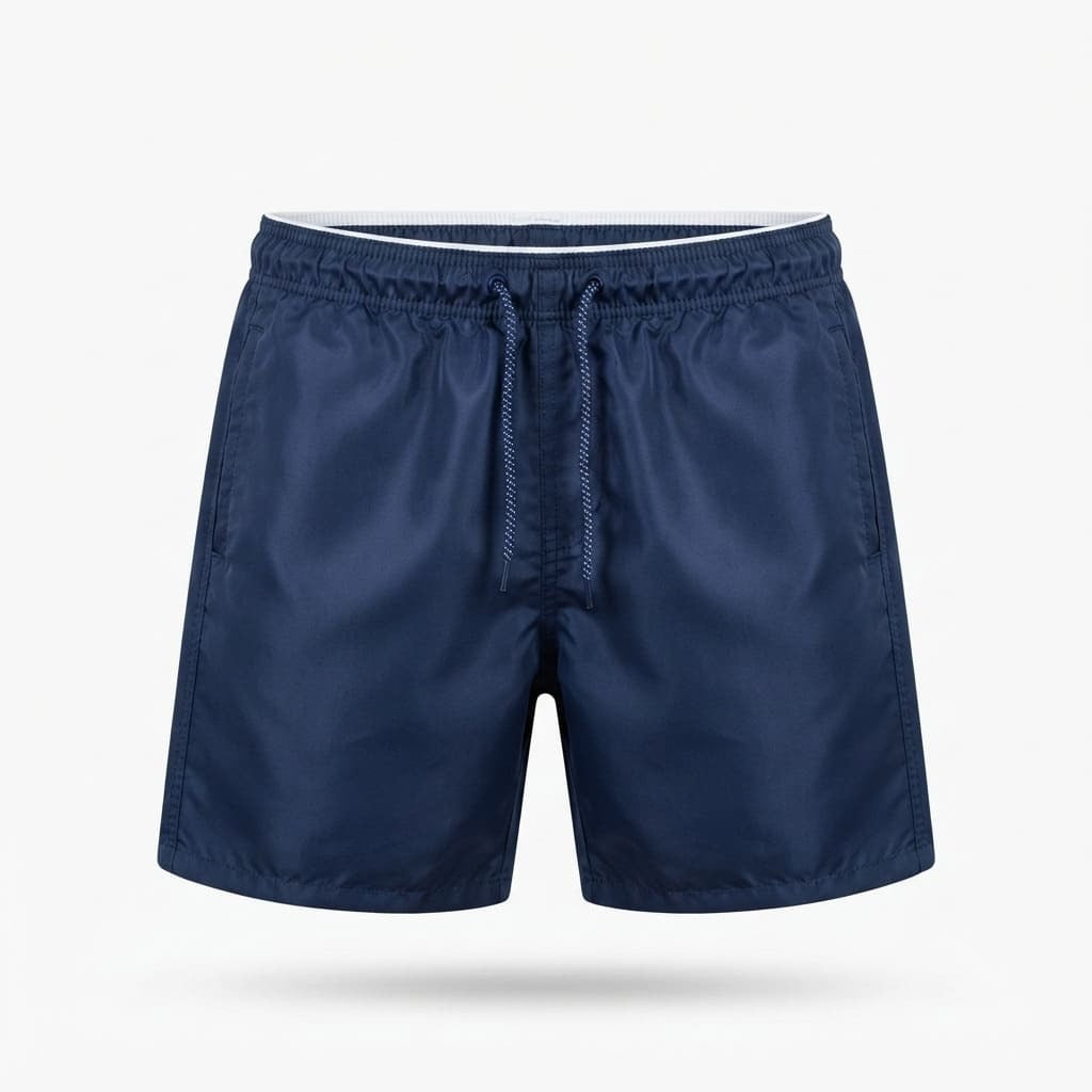 Short tactel masculino na cor marinho, vista frontal still life, mostrando cintura elástica com acabamento branco, cordão de ajuste centralizado e bolsos laterais, ideal para praia, treino e uso casual no verão.